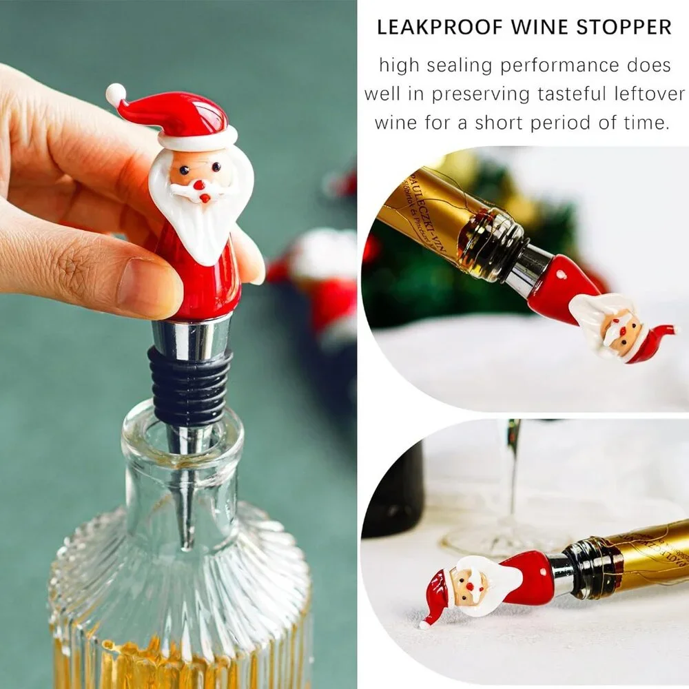 Charming Santa Wine Bottle Stopper - 4.5'' Reusable Glass Cork for Holiday Cheer
